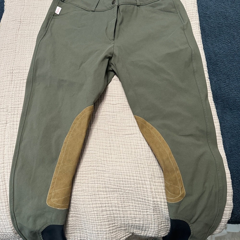 The Tailored Sportsman Olive Green Riding Breeches with Tan Knee Patches